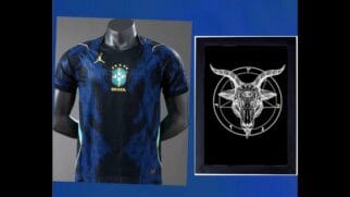Foto da camisa 2 da seleção brasileira ao lado de uma imagem de um símbolo sombrio