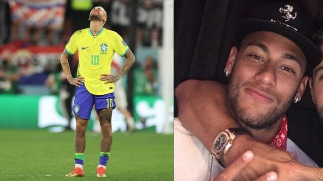 Montagem com duas fotos: à esquerda, o jogador Neymar Jr. com a camisa da Seleção Brasileira, de cabeça baixa e expressão de lamentação no campo; à direita, um close de Neymar sorrindo enquanto recebe um abraço de uma pessoa cujo rosto não aparece