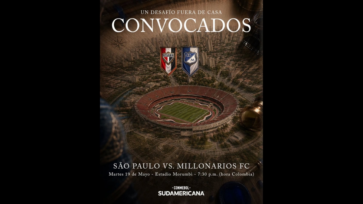 Poster do confronto entre São Paulo e Millonarios pela Sul-Americana, com vista aérea do MorumBis ao centro.