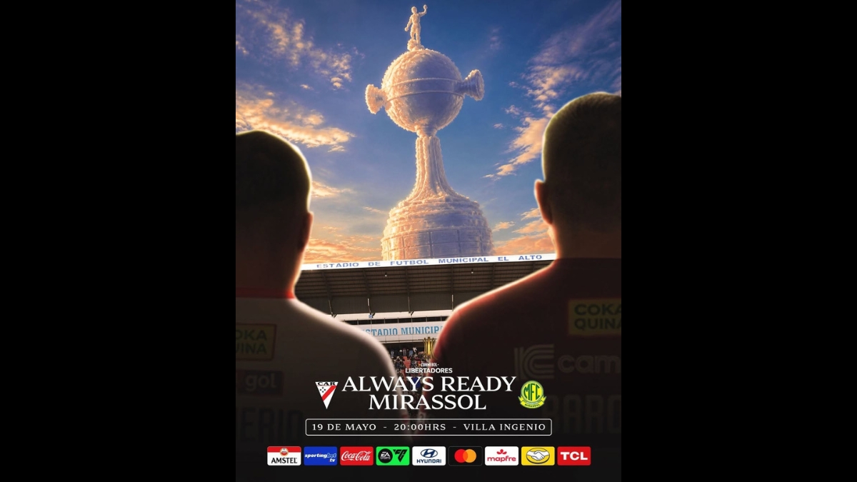 Cartaz promocional do jogo entre Always Ready e Mirassol pela CONMEBOL Libertadores, com uma nuvem gigante em forma de troféu sobre o estádio.