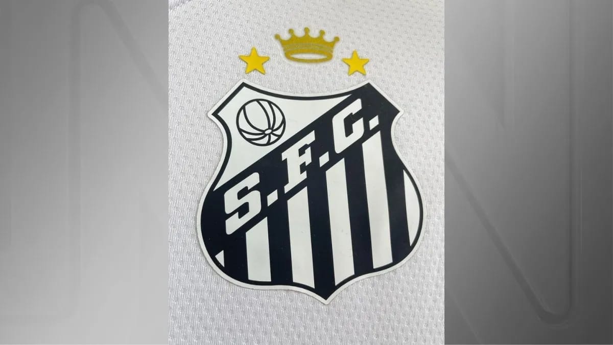 Escudo do Santos FC em preto e branco sobre fundo claro.