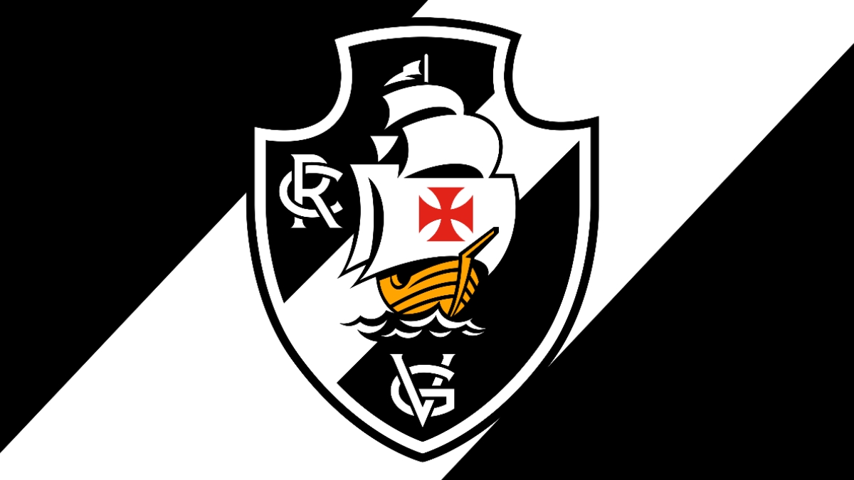 Escudo do Vasco da Gama sobre fundo dividido em preto e branco.