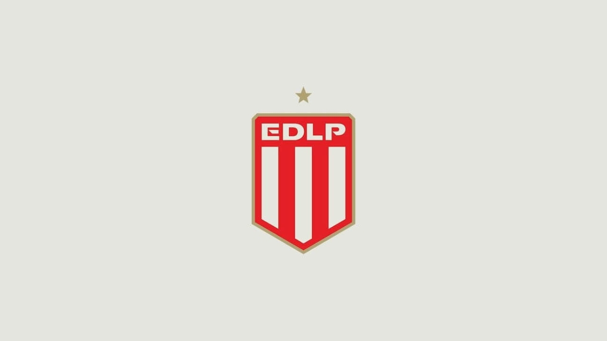 Escudo minimalista do Estudiantes de La Plata, composto por um brasão com listras verticais vermelhas e brancas, a sigla EDLP no topo e uma estrela dourada acima.