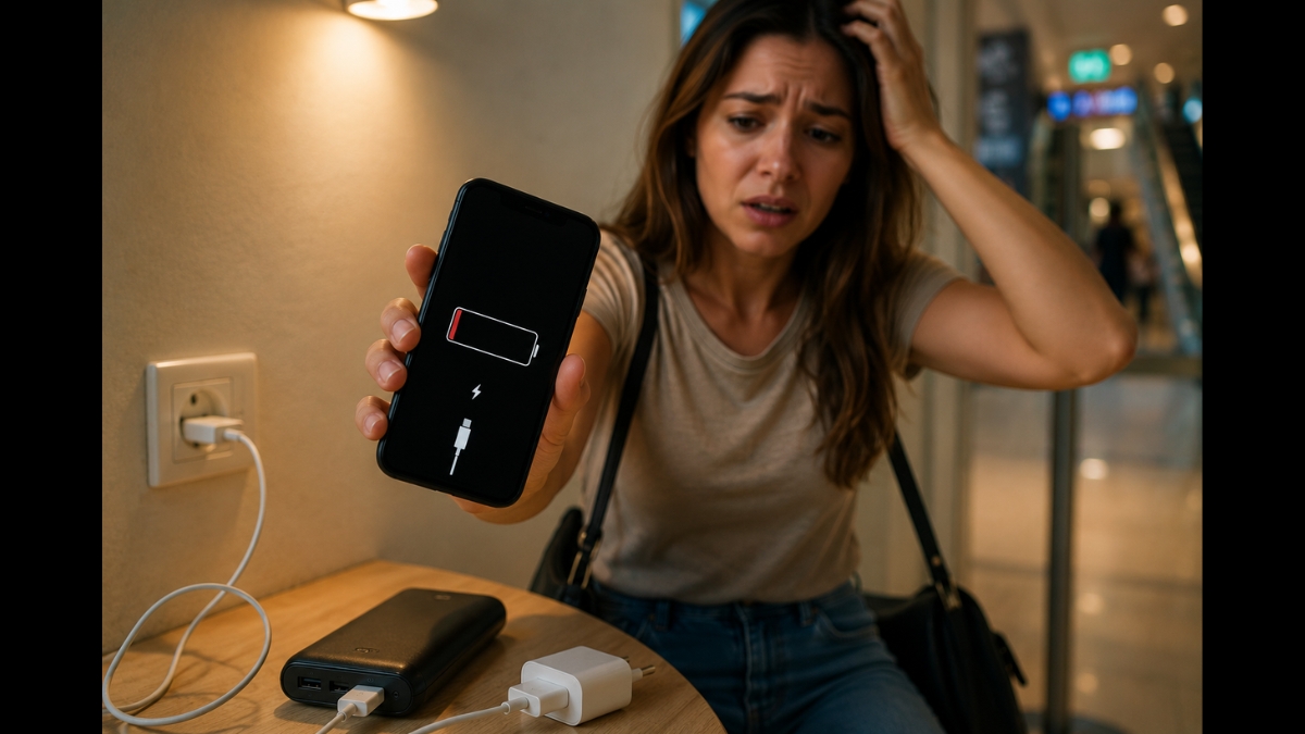 Mulher segurando celular descarregado enquanto procura carregar o aparelho