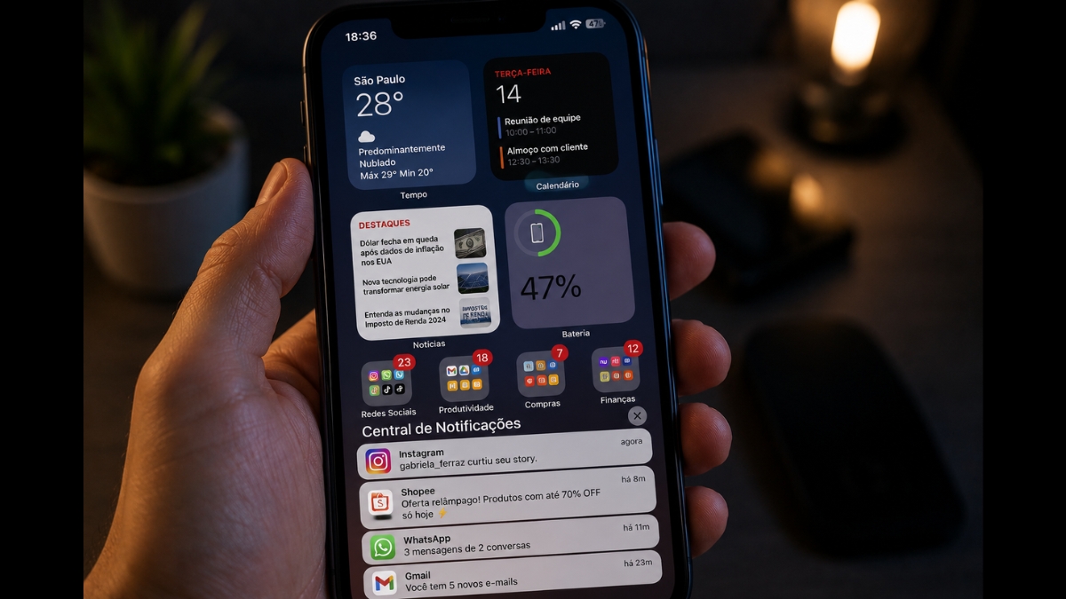 Celular com widgets e diversas notificações exibidas na tela inicial