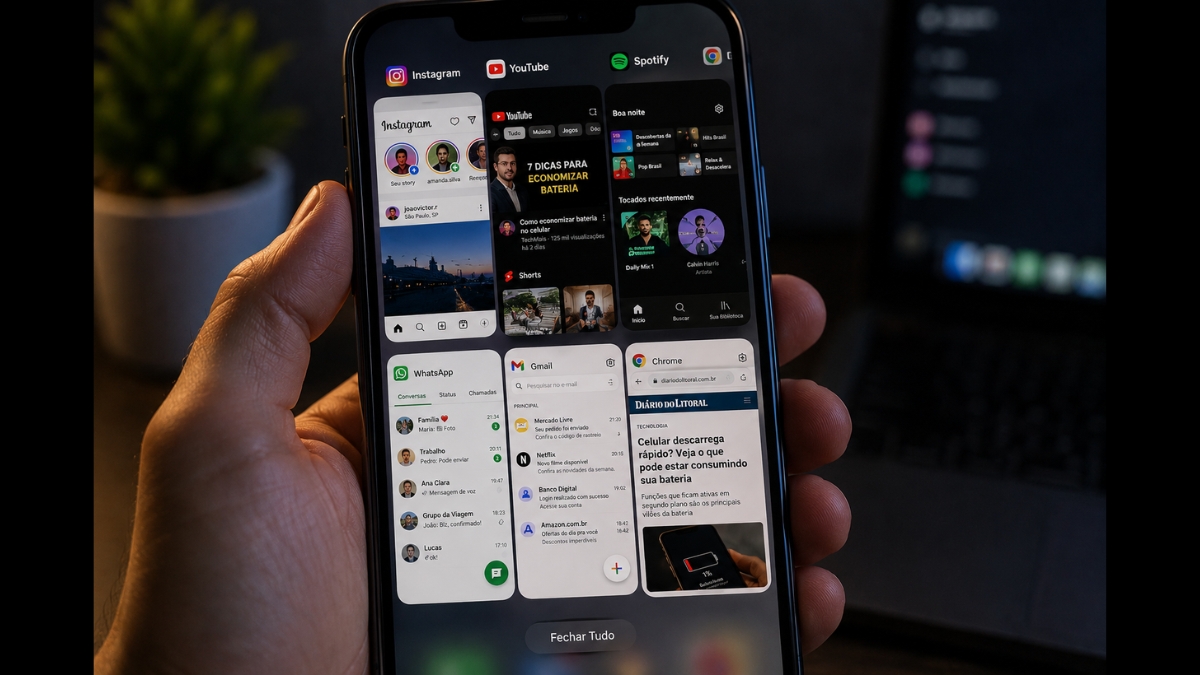 Celular exibindo vários aplicativos abertos na função multitarefa