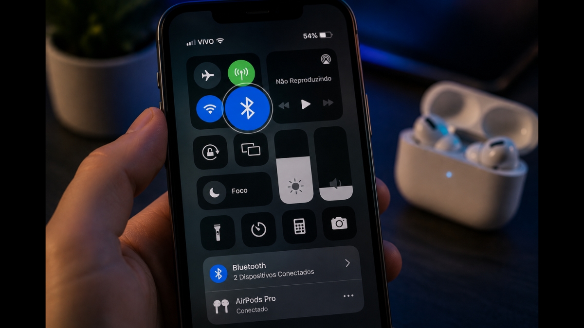 Celular exibindo menu de Bluetooth ativado em ambiente escuro