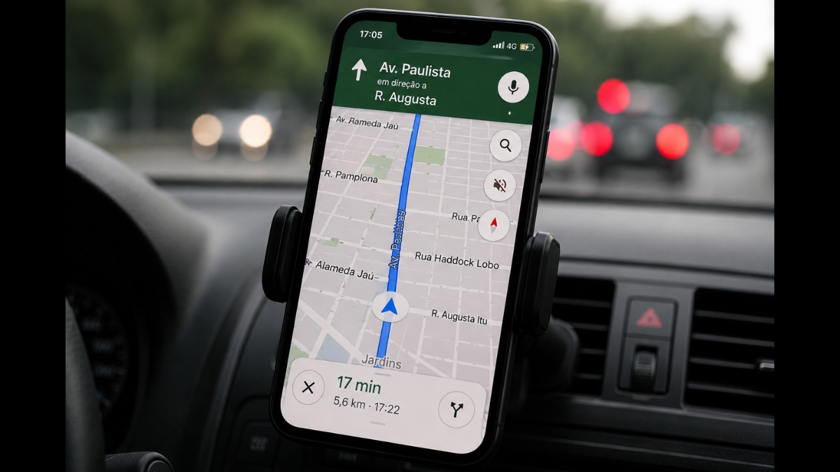 Pessoa segurando celular com aplicativo de mapas aberto e localização ativa na tela