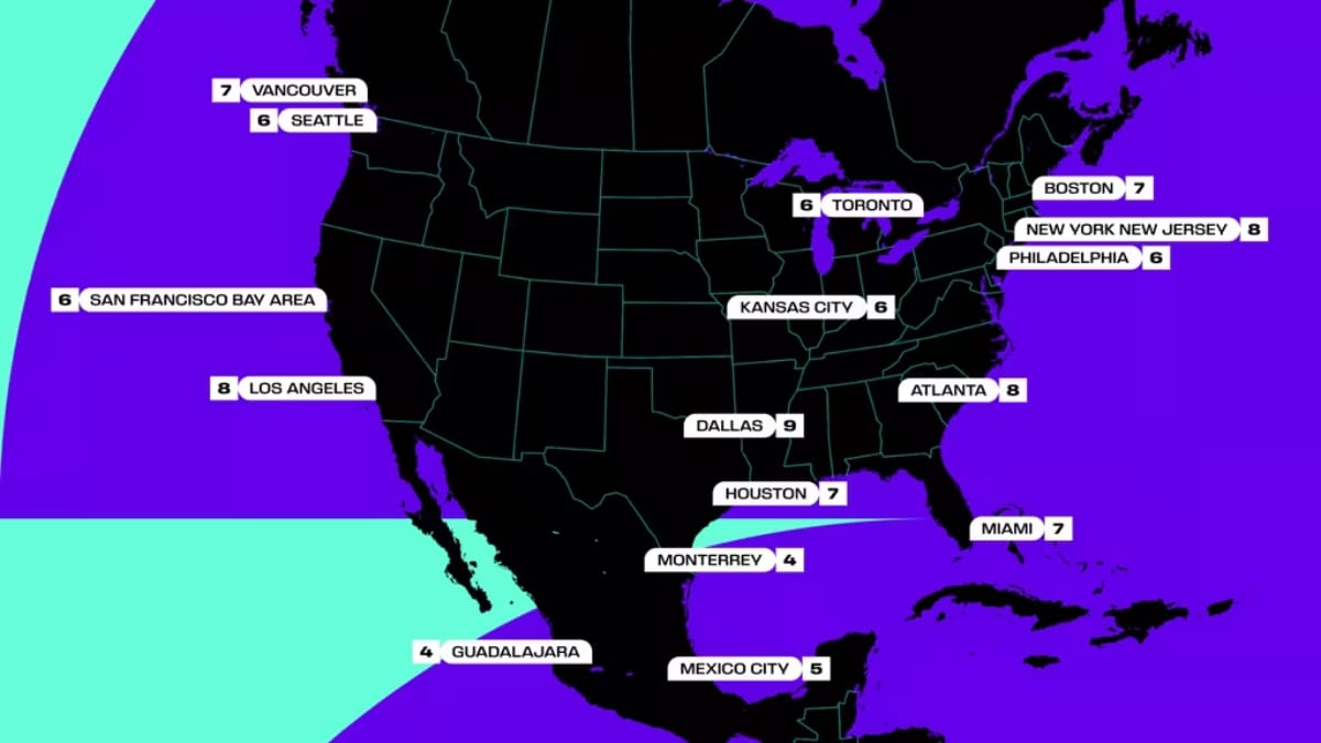 Mapa da América do Norte em fundo preto e roxo indicando a localização e o número de jogos das cidades-sede da Copa de 2026.