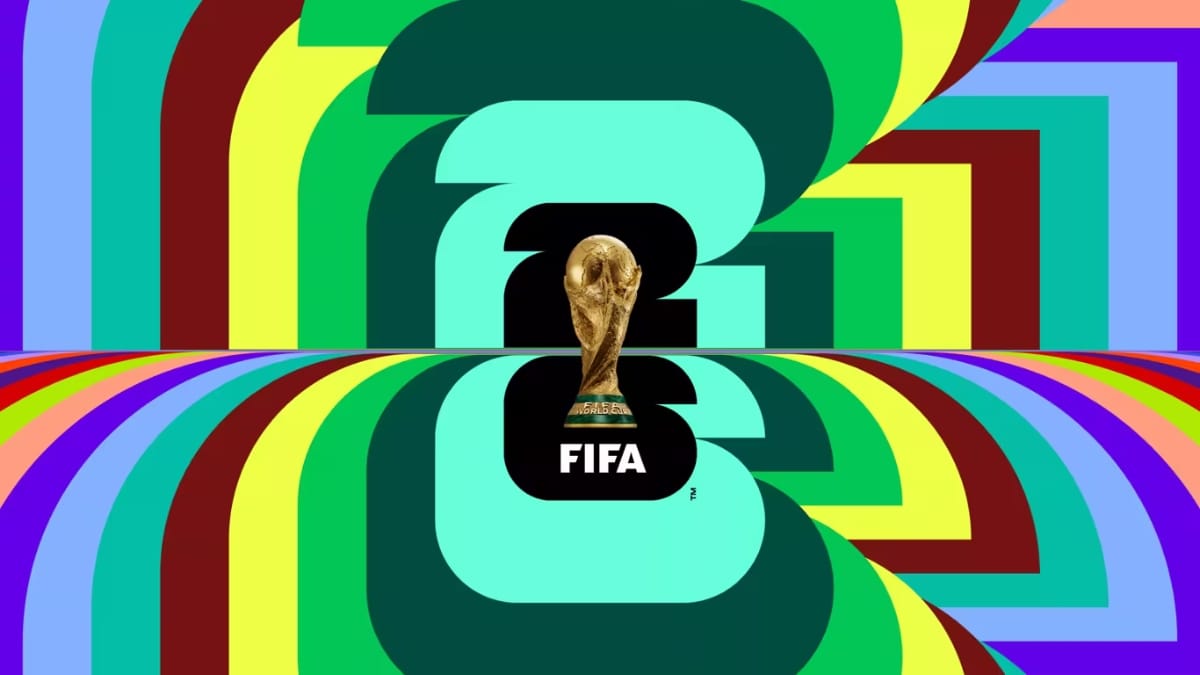 Logotipo oficial da Copa do Mundo 2026 com a taça dourada centralizada sobre o número 26 gigante, cercado por linhas psicodélicas coloridas.
