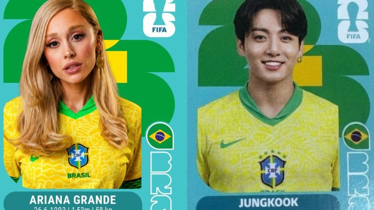 Montagem com duas figurinhas geradas por Inteligência Artificial. À esquerda, a cantora Ariana Grande loira vestindo a camisa do Brasil. À direita, o cantor Jungkook, do BTS, também com a camisa canarinho.