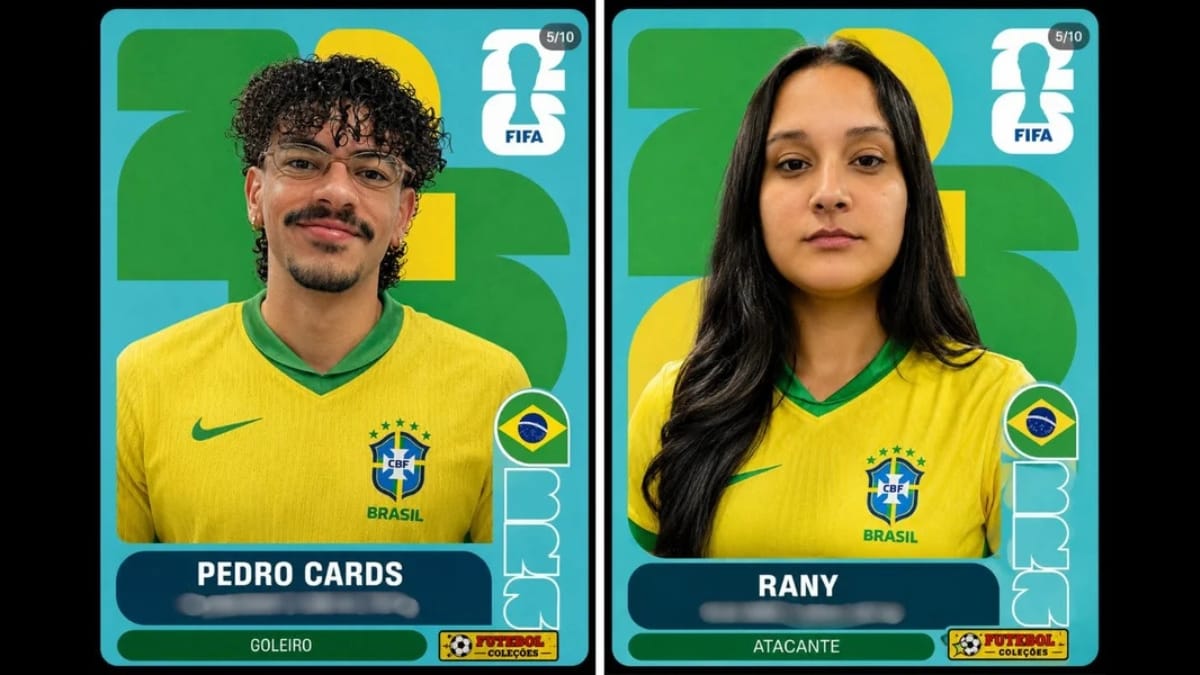 Lado a lado, duas figurinhas digitais da Copa do Mundo 2026. À esquerda, um homem jovem de óculos e cabelo cacheado sob o nome "Pedro Cards", com a posição "Goleiro". À direita, uma mulher jovem de cabelos longos e escuros sob o nome "Rany", com a posição "Atacante". Ambos vestem a camisa amarela do Brasil.