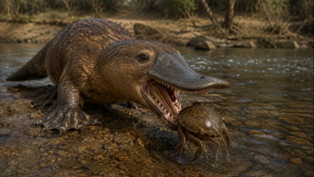 Uma foto realista de close-up de um ornitorrinco capturando um pequeno crustáceo na água rasa de um rio com a boca aberta.