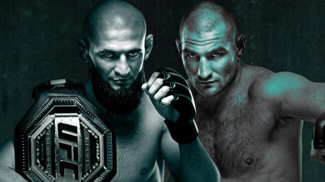 A imagem é um poster de marking da luta entre Chimaev e Strickland