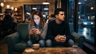 Casal fisicamente próximo, mas emocionalmente distante mexendo no celular, ilustrando o conceito de amor líquido e Lacan