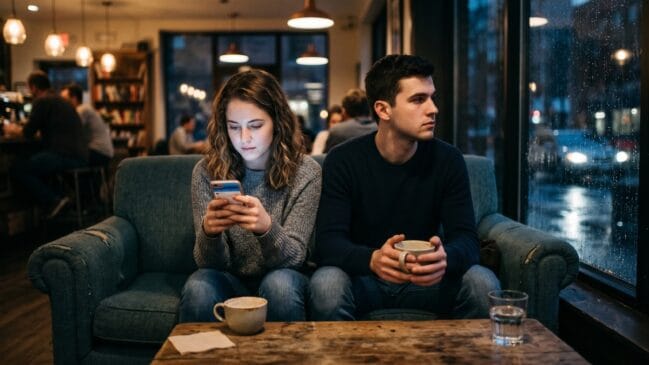 Casal fisicamente próximo, mas emocionalmente distante mexendo no celular, ilustrando o conceito de amor líquido e Lacan