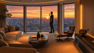 Interior de apartamento giratório com vista para o pôr do sol de Curitiba