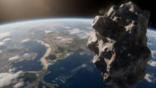 Imagem conceitual do asteroide 2026 JH2 criada com o auxílio de IA