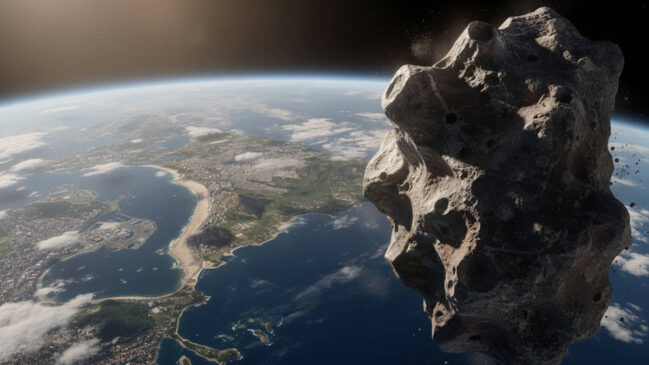 Imagem conceitual do asteroide 2026 JH2 criada com o auxílio de IA