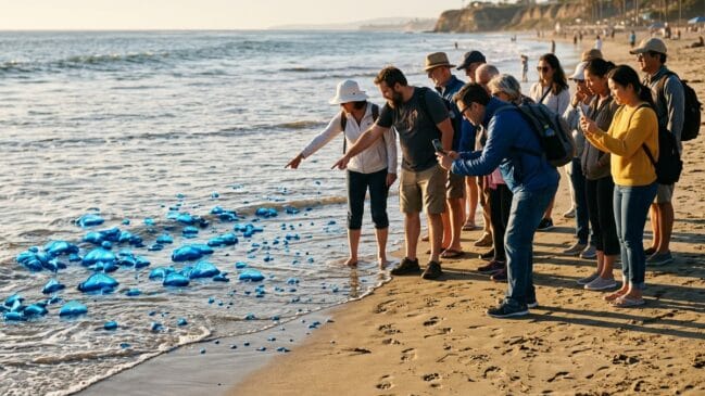 Imagem conceitual mostra turistas impressionados com as criaturas azuis em praia da Calofornia, nos EUA