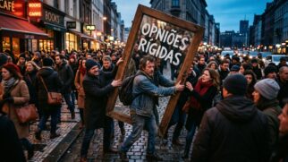 Pessoas em conflito por causa da rigidez mental, representando a frase de Buda sobre dar cabeçadas no mundo