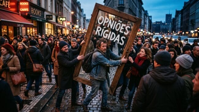 Pessoas em conflito por causa da rigidez mental, representando a frase de Buda sobre dar cabeçadas no mundo