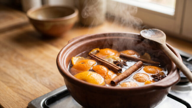 Ferver cascas de tangerina e laranja acompanhadas de canela