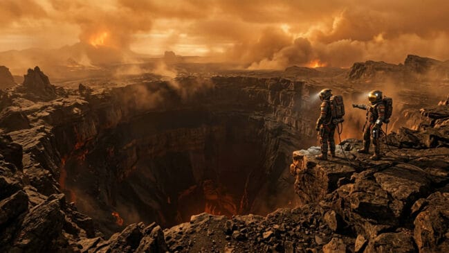 A abertura colossal em Nyx Mons revela um interior preservado, onde o teto desabado do tubo de lava cria um acesso natural às profundezas de Vênus, oferecendo um refúgio contra as condições extremas da superfície