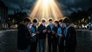 Grupo conectado sob luz celestial: o dilema da liberdade versus moralismo