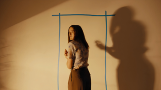 Em uma tomada fotográfica em plano médio e horizontal, uma cena de suspense e mistério destaca uma mulher acuada diante de uma projeção de sombras em uma parede residencial ou de escritório. A Personagem Principal Posição e Expressão: Uma mulher jovem, de pele clara e longos cabelos lisos e castanhos, está posicionada ligeiramente à esquerda do centro. Ela está virada de costas para a câmera, mas rotaciona a cabeça para a esquerda e olha para trás sobre o próprio ombro. Sua expressão facial denota forte apreensão, medo e desconfiança. Ela mantém os braços flexionados junto ao peito, com os dedos entrelaçados em uma postura defensiva. Vestimentas: A jovem veste uma blusa social de mangas curtas com estampa abstrata sutil em tons claros e azulados, calça de alfaiataria marrom de cintura alta e um cinto escuro. Elementos na Parede e Sombras A Demarcação Azul: Na parede ao fundo, de cor bege ou areia, há um retângulo vertical incompleto desenhado ou colado com linhas finas de fita adesiva azul-escura, assemelhando-se ao contorno rústico de uma porta ou portal. A mulher está posicionada exatamente à frente dessa marcação. A Sombra Ameaçadora: No lado direito da imagem, uma grande e nítida sombra escura é projetada diretamente sobre a parede. A silhueta humana, aparentemente feminina e com cabelos presos em um coque alto, exibe o braço esquerdo flexionado para a frente com os dedos semiabertos, simulando uma aproximação ou um gesto de captura em direção à protagonista. Iluminação e Cenário Iluminação Cenográfica: Toda a cena é banhada por uma luz lateral e direcional vinda da esquerda, com um tom amarelado e quente que simula o fim de tarde ou a iluminação artificial de uma lâmpada halógena. Essa luz gera um forte contraste de claro-escuro na parede e projeta sombras suaves de folhas ou plantas no canto inferior esquerdo. Composição Geral: O ambiente é minimalista, focado inteiramente na interação psicológica entre a personagem, o contorno azul e a sombra que a espreita, evocando uma atmosfera de terror psicológico.