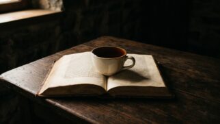 Livro aberto com uma xícara cheia sobre as páginas, simbolizando a mente cheia que impede o aprendizado segundo Epicteto