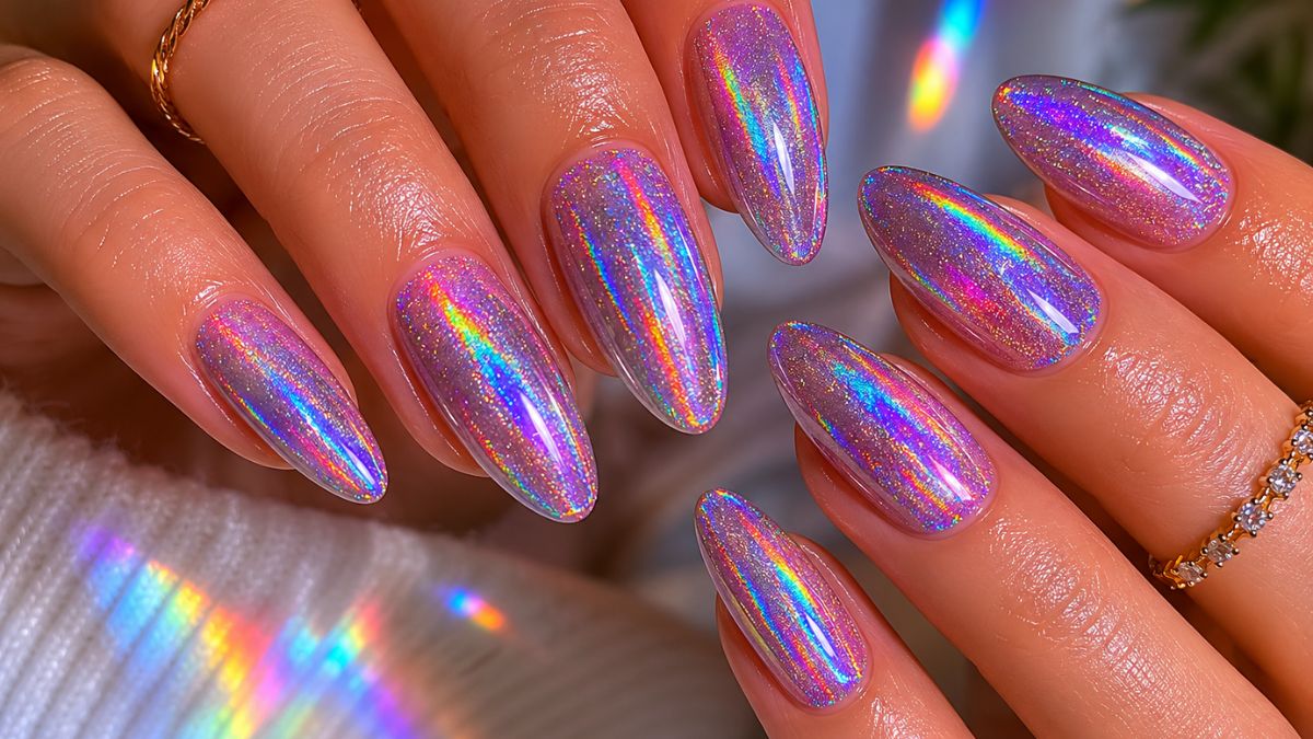 Mãos com unhas pintadas com esmalte holográfico (tridimensional)