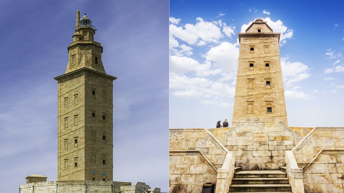Montagem com a fachada do farol de 2 mil anos em Galícia