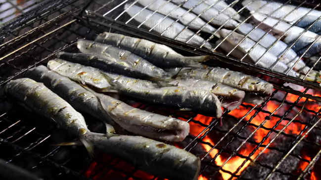 Uma fotografia em plano detalhe e ângulo oblíquo captura o preparo tradicional de peixes em uma churrasqueira profissional, destacando a textura dos alimentos e o calor da cocção. Elementos em Destaque As Sardinhas Assando (Primeiro Plano e Centro): Diversas sardinhas inteiras estão dispostas horizontalmente sobre uma grelha de metal escura. Os peixes apresentam uma coloração prateada e esbranquiçada, com marcas leves de tostado e brilho de azeite ou gordura natural na pele. Alguns cortes longitudinais no ventre revelam a carne clara em processo de cozimento. Os Peixes na Grelha Superior (Canto Superior Direito): Em um nível ligeiramente mais alto ou em uma grelha dupla fechada, fileiras de peixes limpos e abertos (espalmados) estão alinhadas de forma organizada. Eles exibem a pele prateada e azulada intacta, aguardando o momento de irem direto ao fogo. O Braseiro (Fundo e Base): Abaixo da grelha principal, o carvão em brasa viva brilha intensamente em tons de vermelho, laranja e amarelo. O fogo cria um contraste térmico visual forte com o metal escuro da churrasqueira e com a pele clara dos peixes.