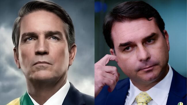 A imagem apresenta uma composição de dois retratos distintos colocados lado a lado, criando um contraste visual direto. À esquerda, observa-se uma representação artística e estilizada de um homem com traços que remetem ao ex-presidente Jair Bolsonaro, exibindo uma expressão solene e heróica enquanto olha para o horizonte. Ele veste um traje formal e carrega o que parece ser uma faixa presidencial verde e amarela sobre o ombro, posicionada contra um fundo de nuvens dramáticas e acinzentadas que reforçam o tom cinematográfico da ilustração.