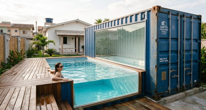 A proposta é simples: transformar grandes caixas metálicas, usadas no transporte de cargas, em piscinas completas e prontas para uso.
