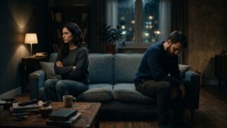 Fotografia em plano médio de um casal sentado nas extremidades opostas de um sofá em uma sala escura exibindo distanciamento e conflito emocional