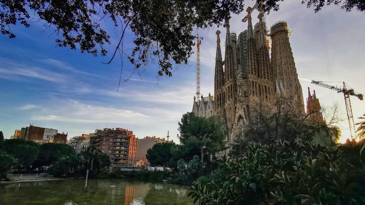 Vista ampla da Basílica da Sagrada Família cercada por árvores e prédios urbanos durante o entardecer.