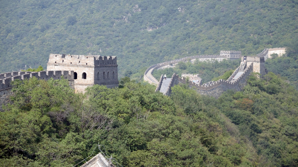 Vista da Grande Muralha da China serpenteando por montanhas verdes, com torres de vigia de pedra ao longo da muralha em um dia de céu claro.