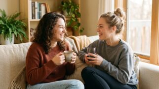 Duas pessoas conversando de forma íntima e cúmplice, ilustrando a conexão e a qualidade de uma amizade verdadeira