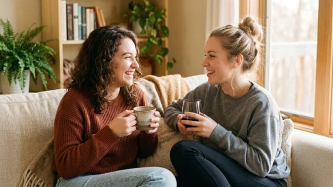 Duas pessoas conversando de forma íntima e cúmplice, ilustrando a conexão e a qualidade de uma amizade verdadeira