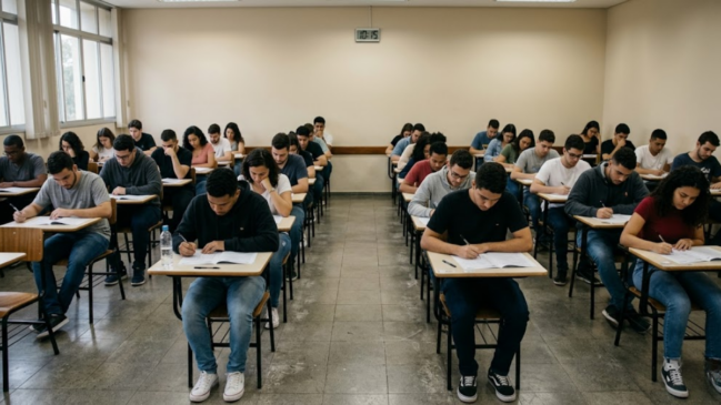 A imagem mostra uma sala de aula ampla e bem iluminada, preenchida por diversos jovens adultos concentrados na realização de uma prova. Eles estão organizados em filas indianas, sentados em carteiras individuais de madeira com estrutura metálica, todas voltadas para uma parede frontal de cor bege clara. A parede à frente está completamente livre de quadros ou mesas de professores, apresentando apenas um relógio digital centralizado que marca exatamente 10:15. Os candidatos vestem roupas casuais e mantêm uma postura de foco, com as cabeças inclinadas sobre os cadernos de questões e as mãos utilizando canetas para preencher os gabaritos. Sobre algumas mesas, é possível notar garrafas de água transparentes. À esquerda da sala, grandes janelas permitem a entrada de luz natural, que se mistura à iluminação fluorescente do teto, criando um ambiente de silêncio e seriedade típico de um concurso público.