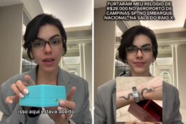 Prints de reprodução de vídeo onde influenciadora denuncia furto de relógio de luxo em Aeroporto Viracopos