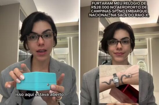 Prints de reprodução de vídeo onde influenciadora denuncia furto de relógio de luxo em Aeroporto Viracopos