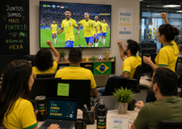 Trabalhadores assistindo os jogos da seleção brasileira no ambiente de trabalho