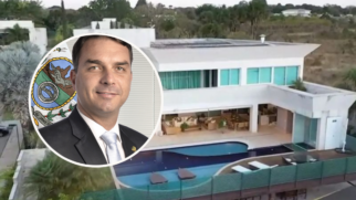 Montagem com a vista aérea de uma mansão com a foto de Flávio Bolsonaro