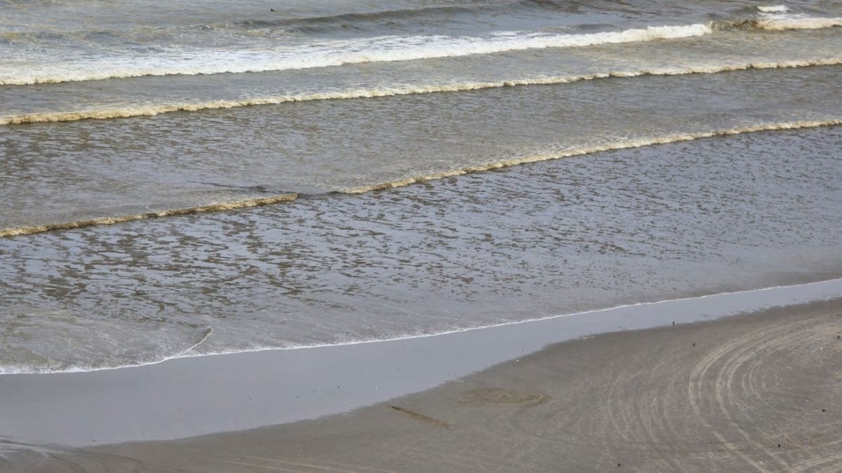Imagem aérea do mar de Praia Grande com coloração amarronzada