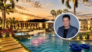 Montagem com a foto do cantor Marrone e o projeto da piscina da mansão