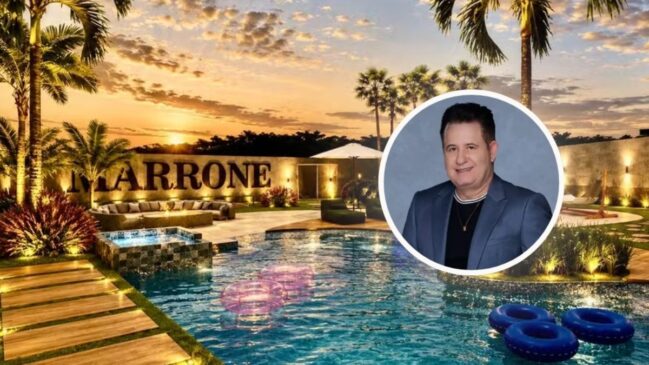 Montagem com a foto do cantor Marrone e o projeto da piscina da mansão