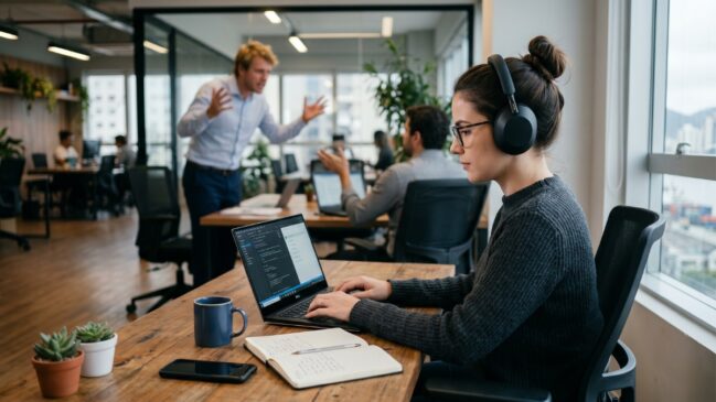 Mulher usando fones de ouvido trabalha em notebook dentro de escritório moderno enquanto colegas discutem ao fundo.